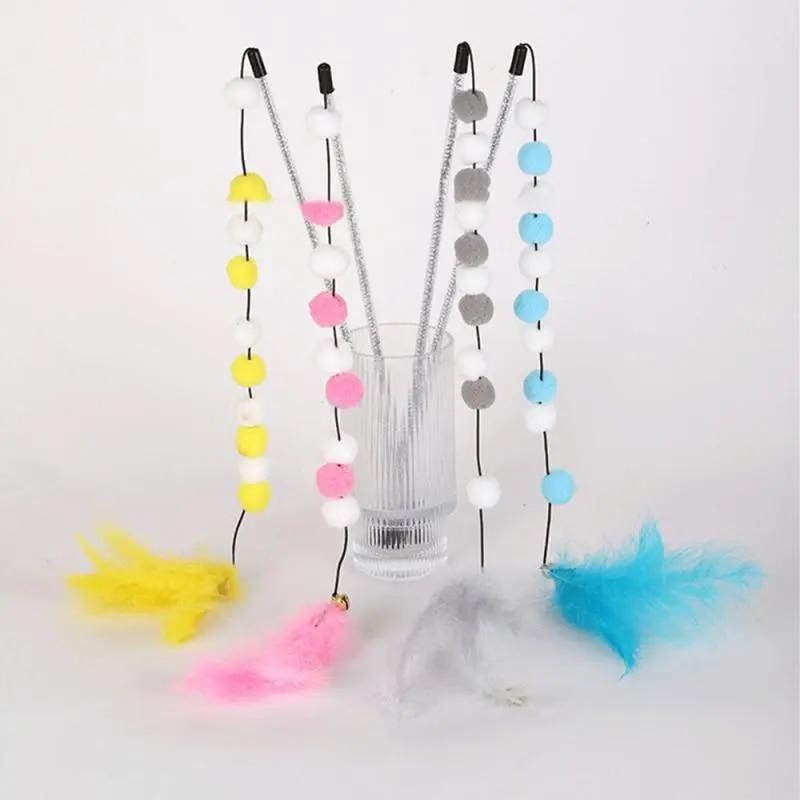 Pompom Cat Toys Interactive Stick Feather Toys Kitten Teasing Playing Plush Ball Pet Supplies For Cat Toy