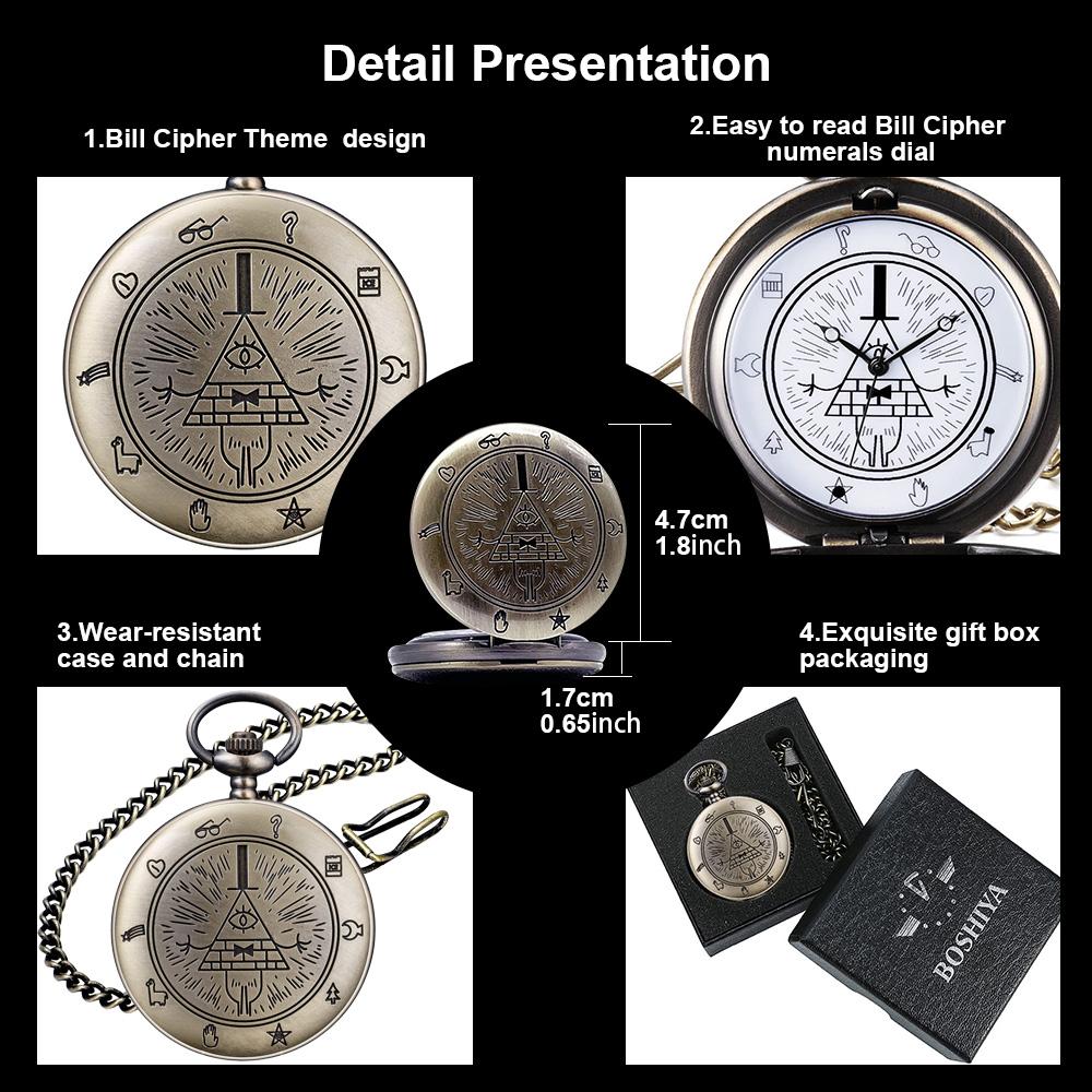BOSHIYA Quartz Pocket Watch with Chain Gravity Falls Bill Seaver Theme Vintage Bronze Pocket Watch/Gift