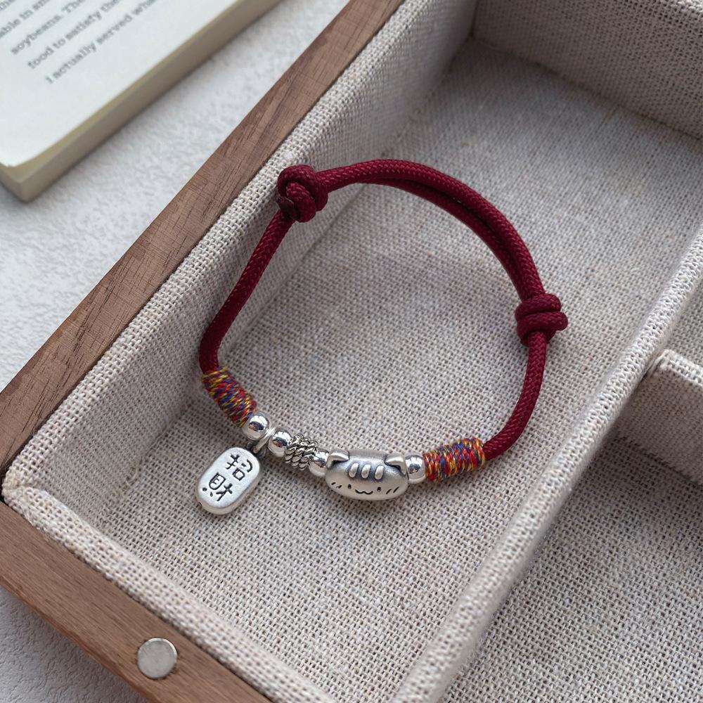 Sterling Silver Lucky Cat Red String Bracelet - Women's Chinese Style Light Luxury Jewelry