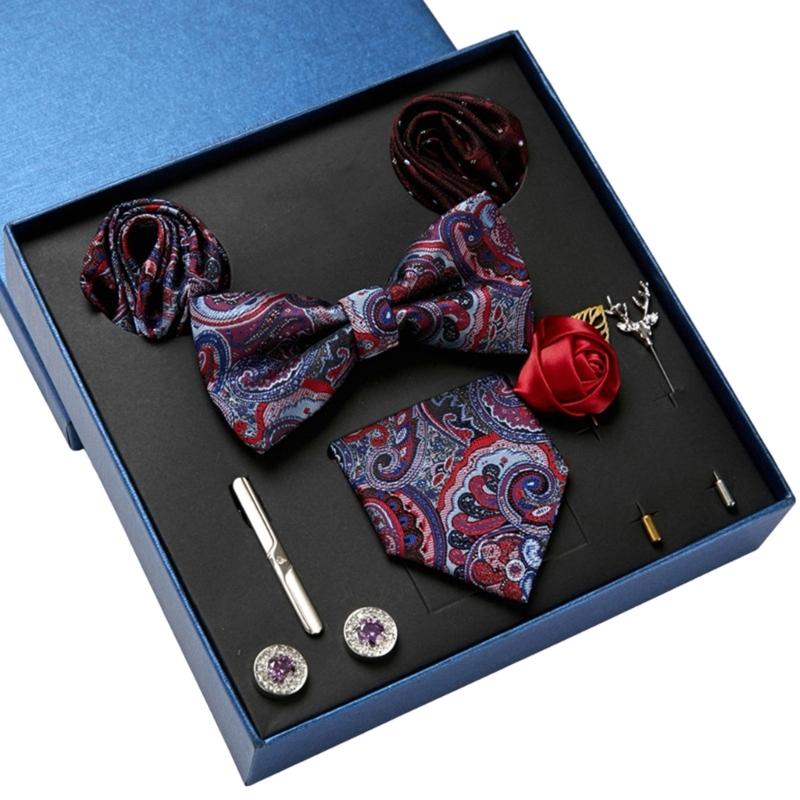 Pack of 9 Men's Floral Tie Set with Pocket Square Tie Clip Brooch Accessories for Formal Occasion Holiday Gift Supply