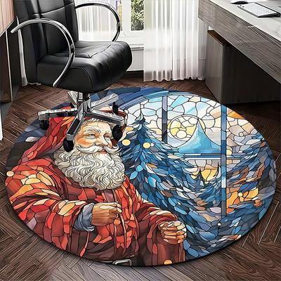 1 Stück Weihnachten Weihnachtsmann Buntglas Runder Teppich Bürostuhlmatte, Rutschfester Teppich für Heimdekoration, Wohnzimmer, Schlafzimmer, Spielzimmer, Weihnachtsgeschenk