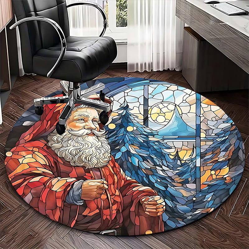 1pc Christmas Santa Claus Stained Glass Round Carpet Office Chair Mat, Non Slip Rug for Home Decor, Living Room, Bedroom, Game Room, Holiday Gift
