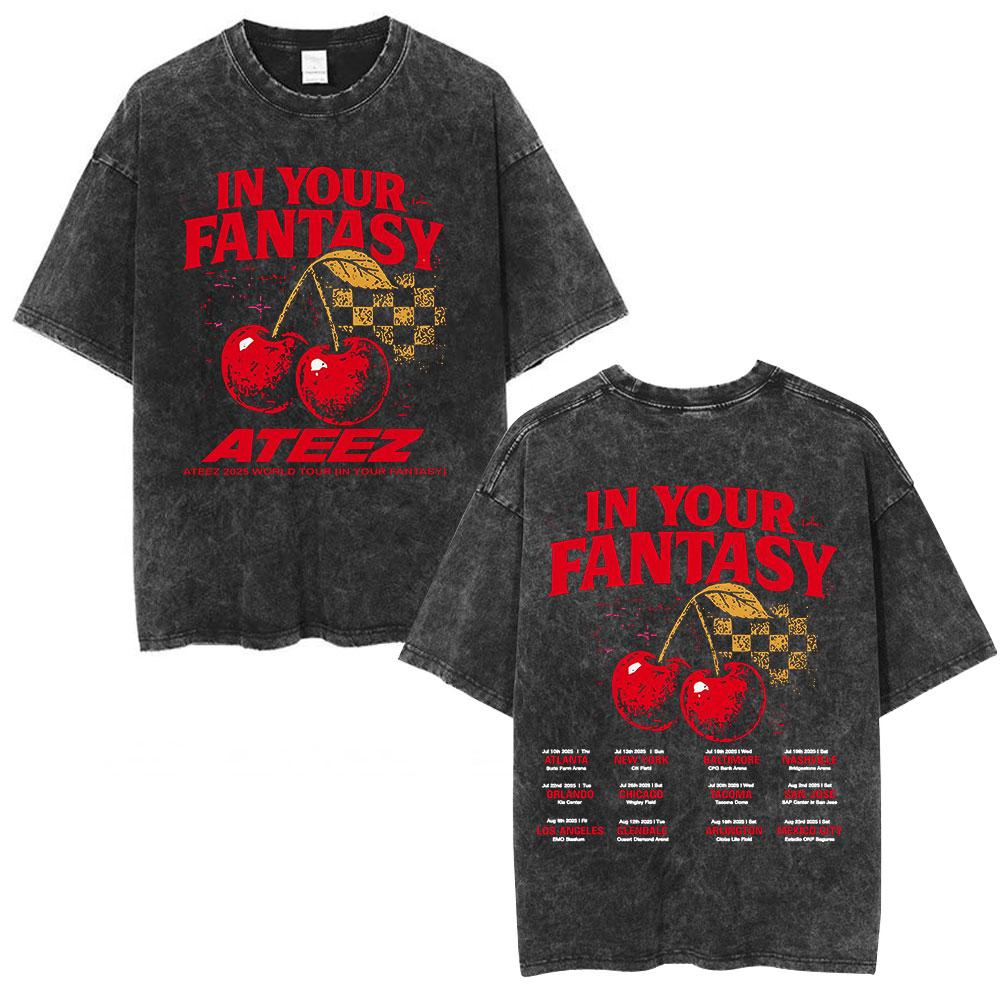 Ateez 2025 World Tour in Your Fantasy Tour Cherry Vintage Washed T Shirt Korean Kpop Fashion T-shirt Men's Women Cotton T-shirts