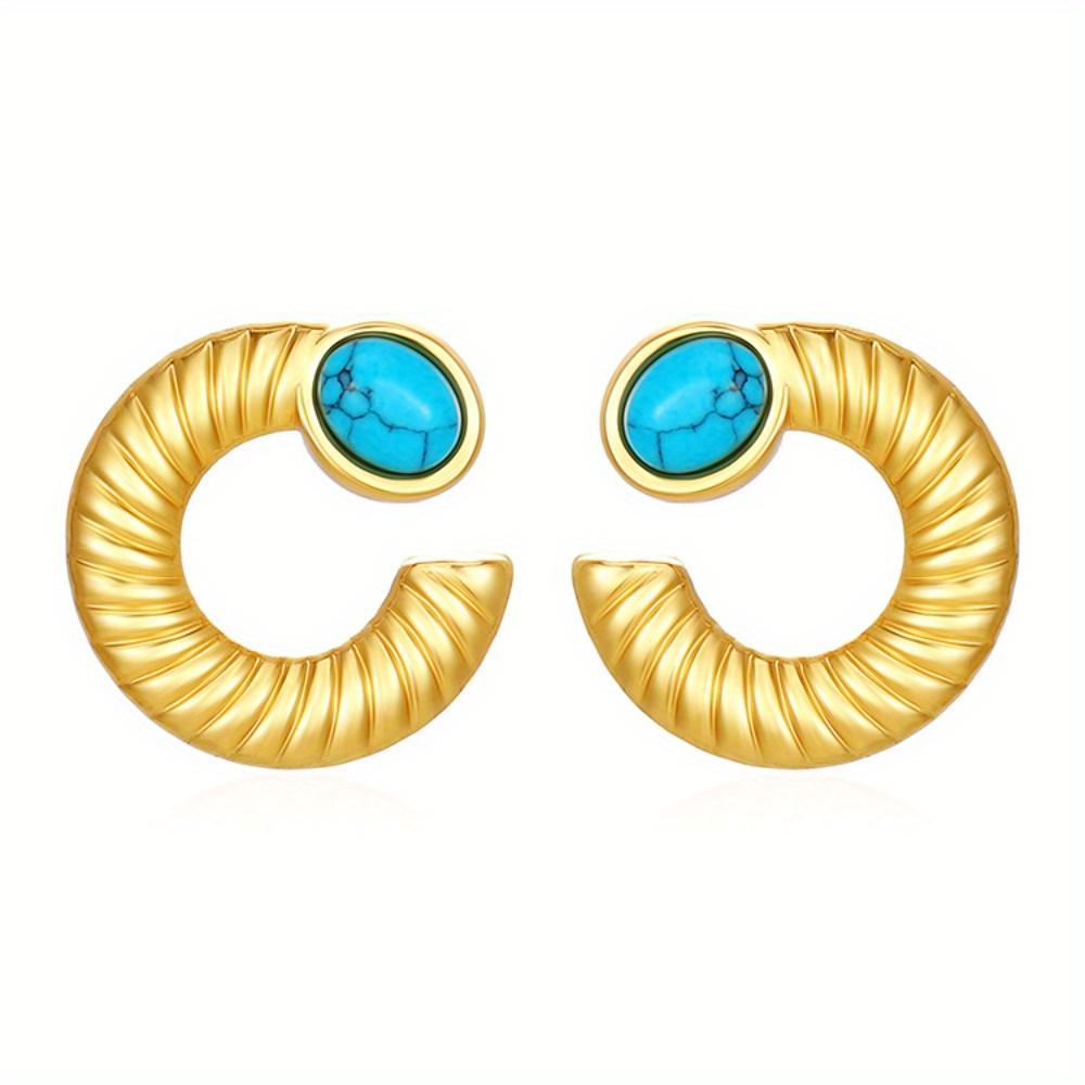 Stainless Steel High-end French Retro Light Luxury Niche Stainless Steel Turquoise Inlaid Fan-shaped Irregular Earrings
