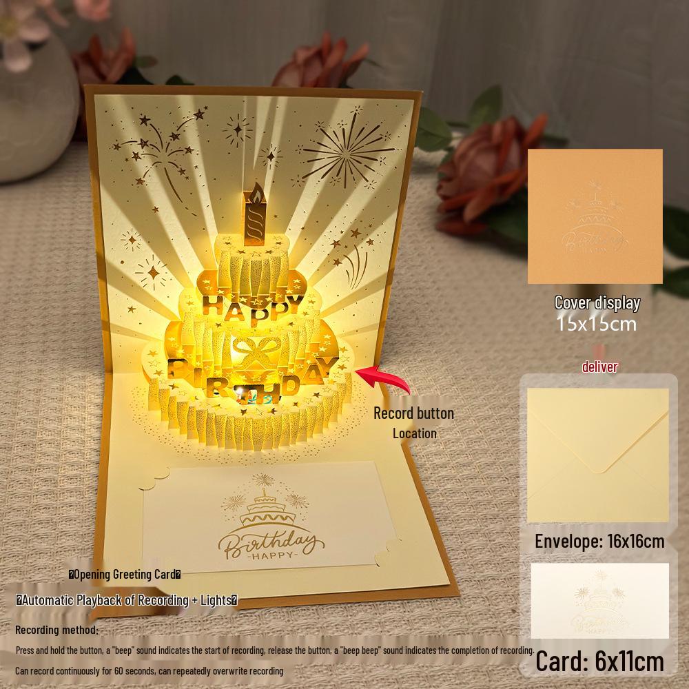 Dźwiękowa kartka urodzinowa 3D Pop-Up ze światłem do nagrywania - Wzór tortu na prezent dla chłopaka/dziewczyny
