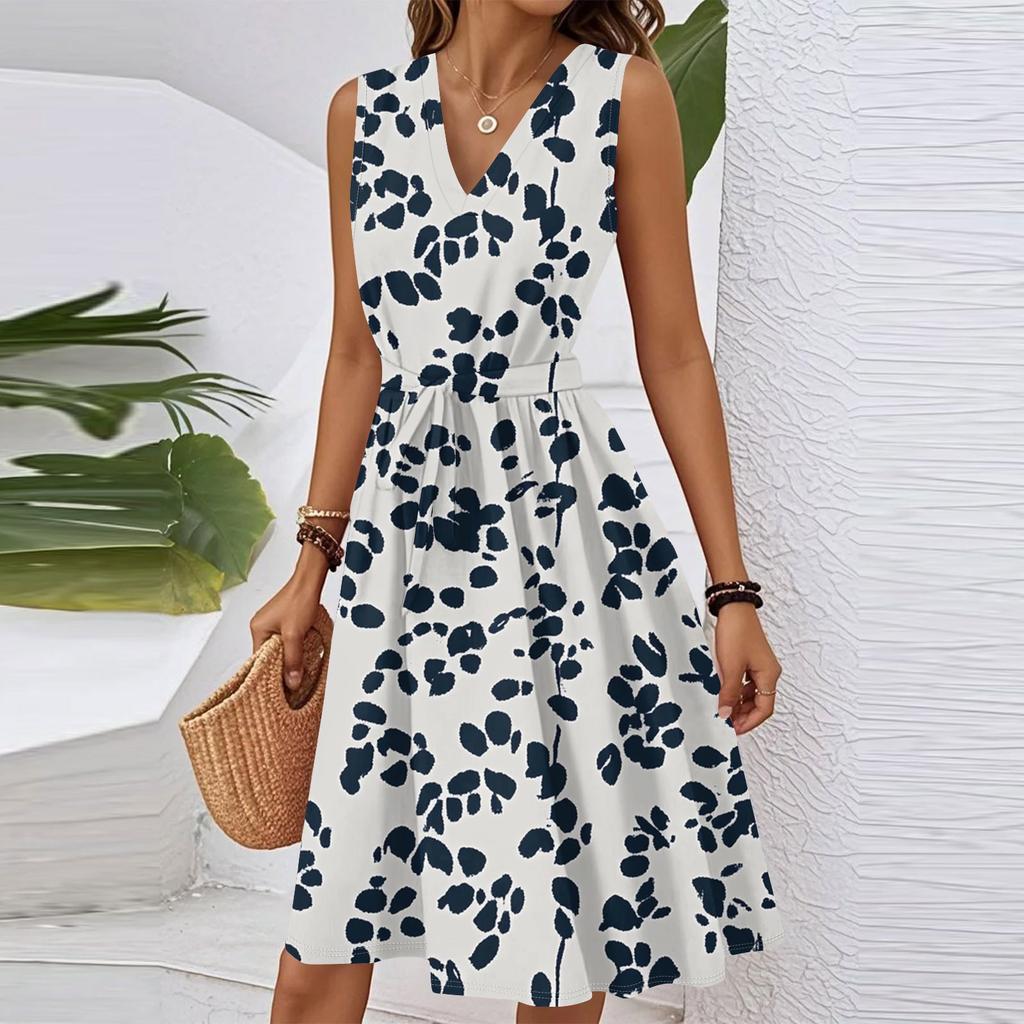 Women's Spring Summer Casual V Neck Sleeveless Waist Floral Print Midi Dress