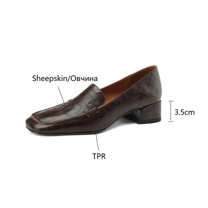 Fashion NEW Spring/Autumn Women Loafers Square Toe Chunky Heel Shoes Elegant Genuine Leather Shoes for Women Retro Sheepskin Women Pumps