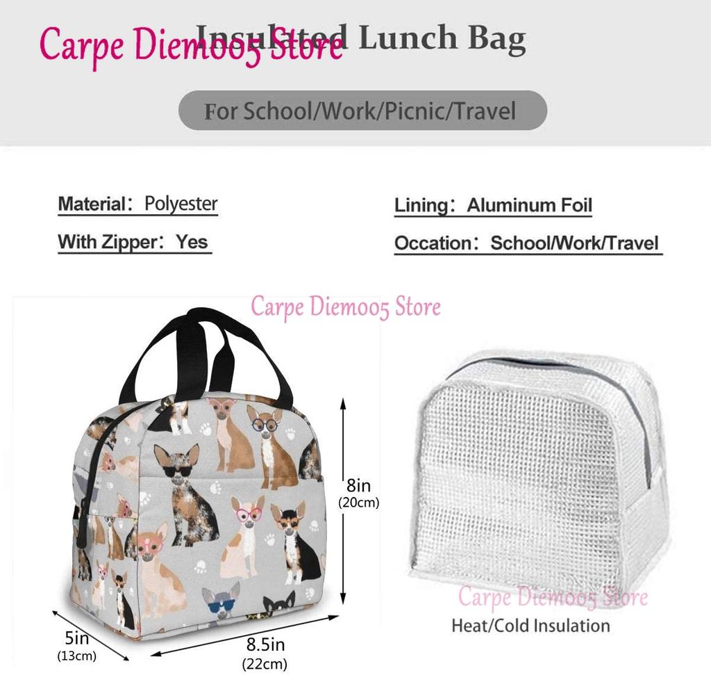 Unisex Food Warmer Bag Chihuahua Dog Lunch Bag Reusable Lunch Box Lunch Cooler Tote