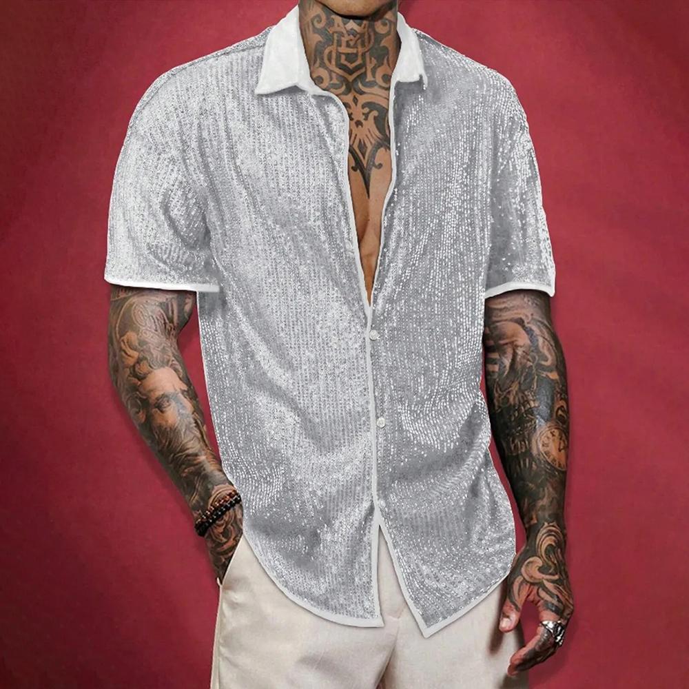 Mens Shirt Shiny Nightclub Sequin Thin