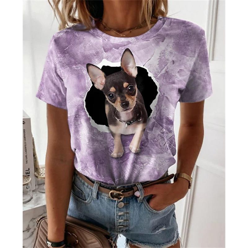 Sommar 3D-tryckt Katt Hund Kortärmad T-shirt Casual Lös Rund Hals Dammode Topp T-shirts Dam