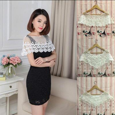 Women's Sweet White Hollow Crochet Lace Tassels Knit Wide Collar Cape Shawl EMA