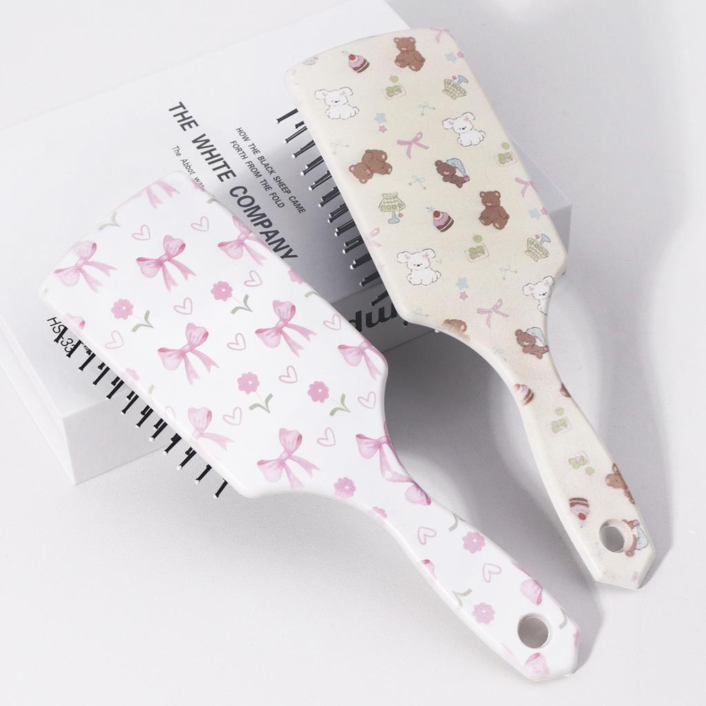 2pcs Printed Comb Set - Featuring Bow or Bear Patterns, Including Airbag Comb and Folding comb,Special for Real Hair Wigs