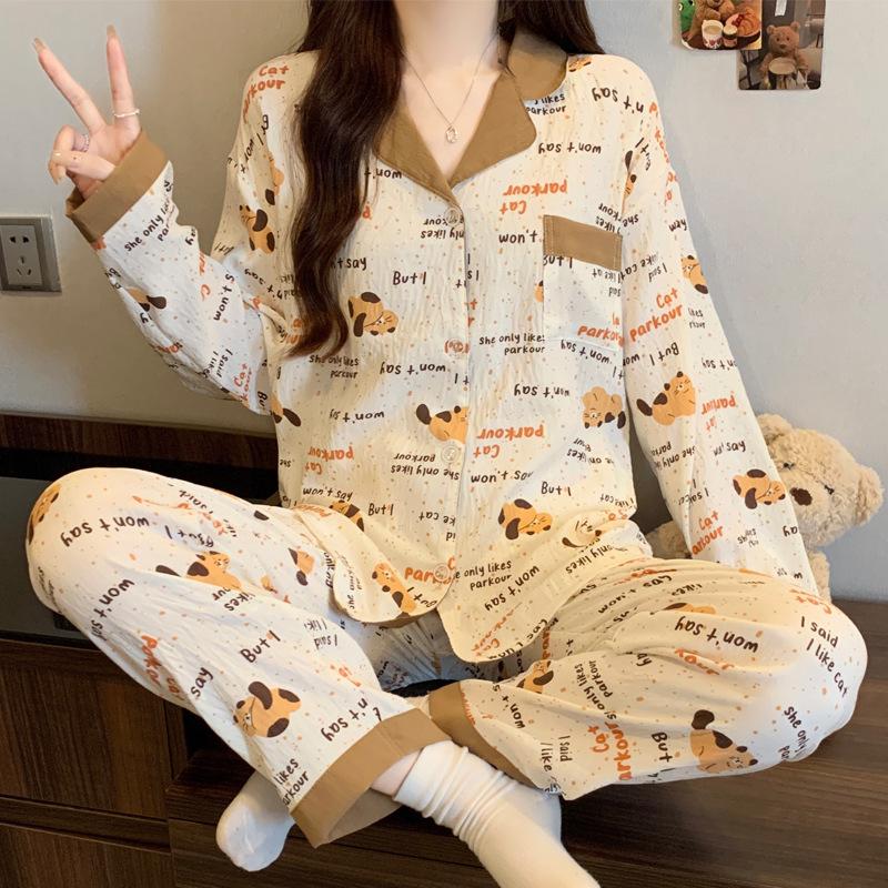 Pajamas Women'S Autumn Cloud Cotton Long-Sleeved Suit Style Japanese Kitten Girl Style Loungewear Can Be Worn Outside