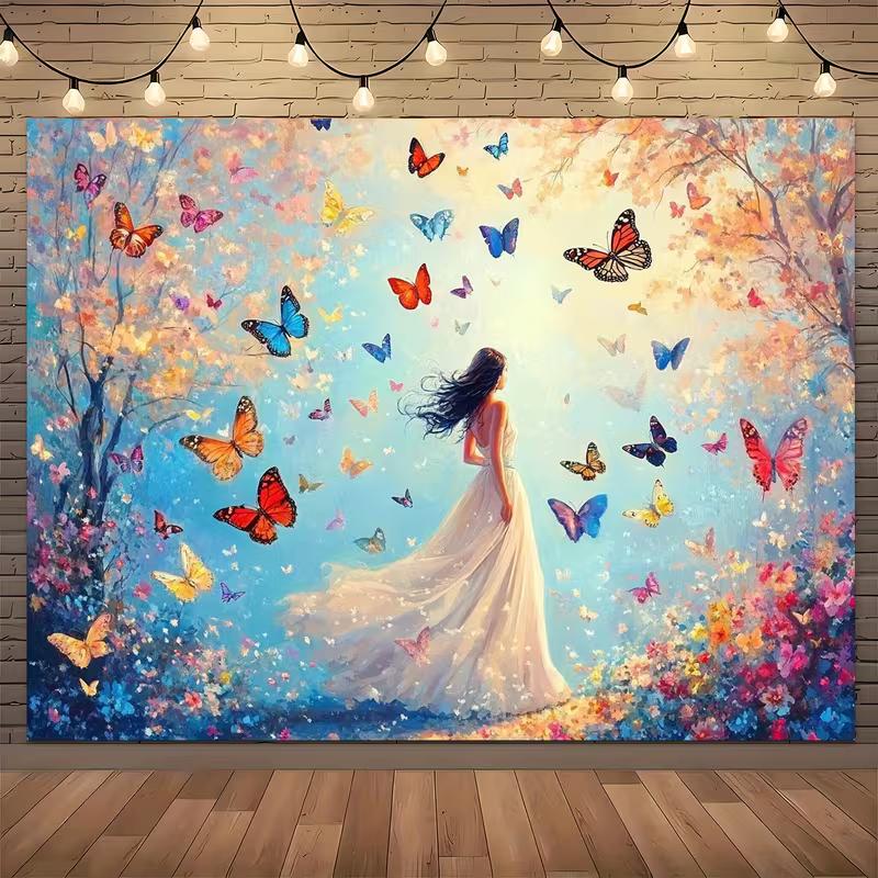 2D Girl In White Dress with Butterflies Photography Background Cloth