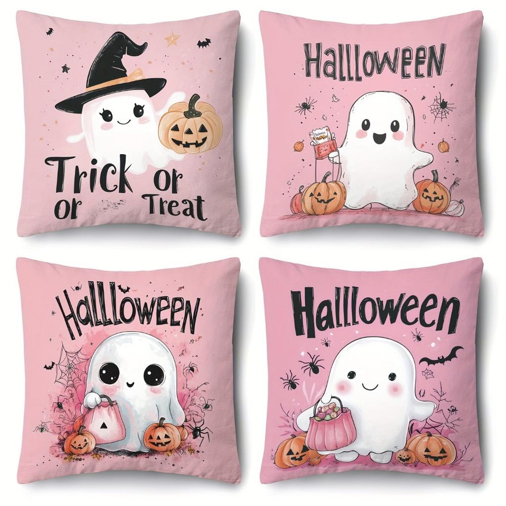 4pcs Halloween Cushion Cover Cute Ghost Scary Castle Cat Printed Washable Cover Halloween Theme Party Living Room Decoration
