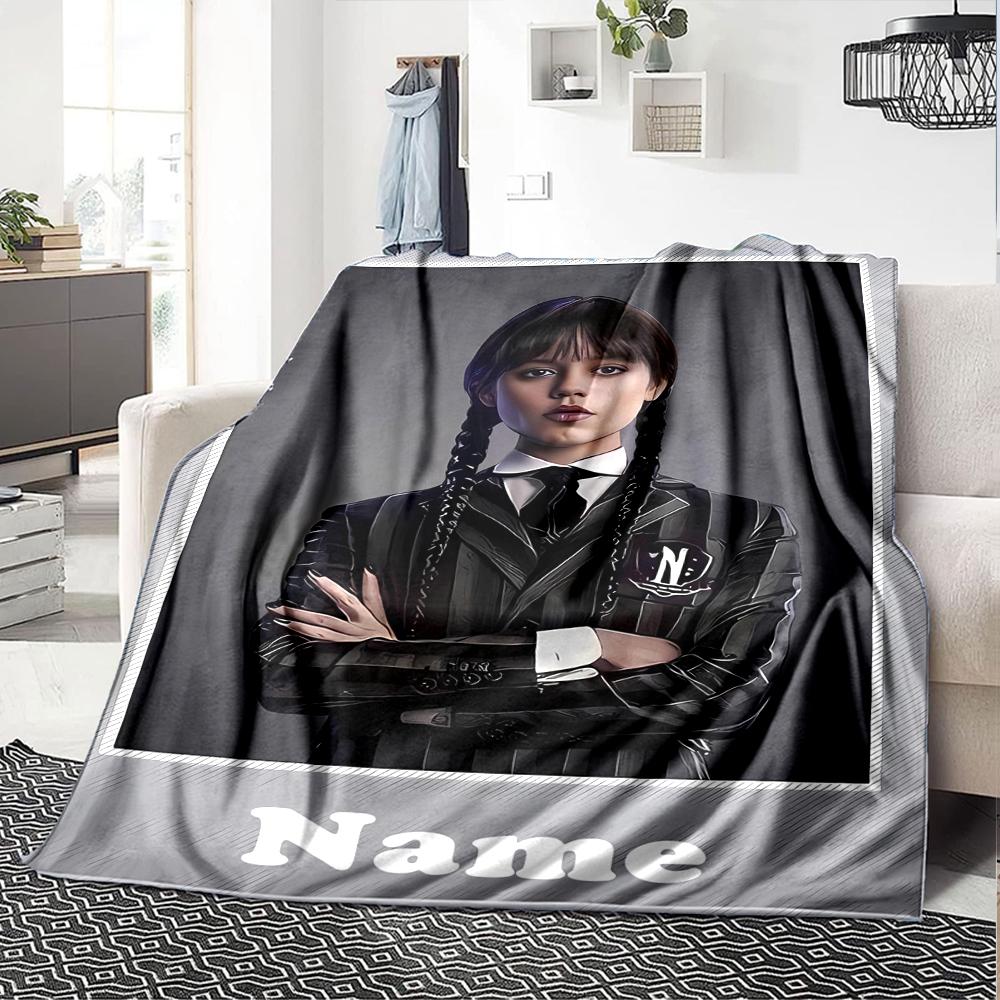 Custom Name Wednesday Theme Printed Blanket - Perfect for Couch, Bed, Travel & Outdoor Use | Machine Washable, Cozy & Durable.