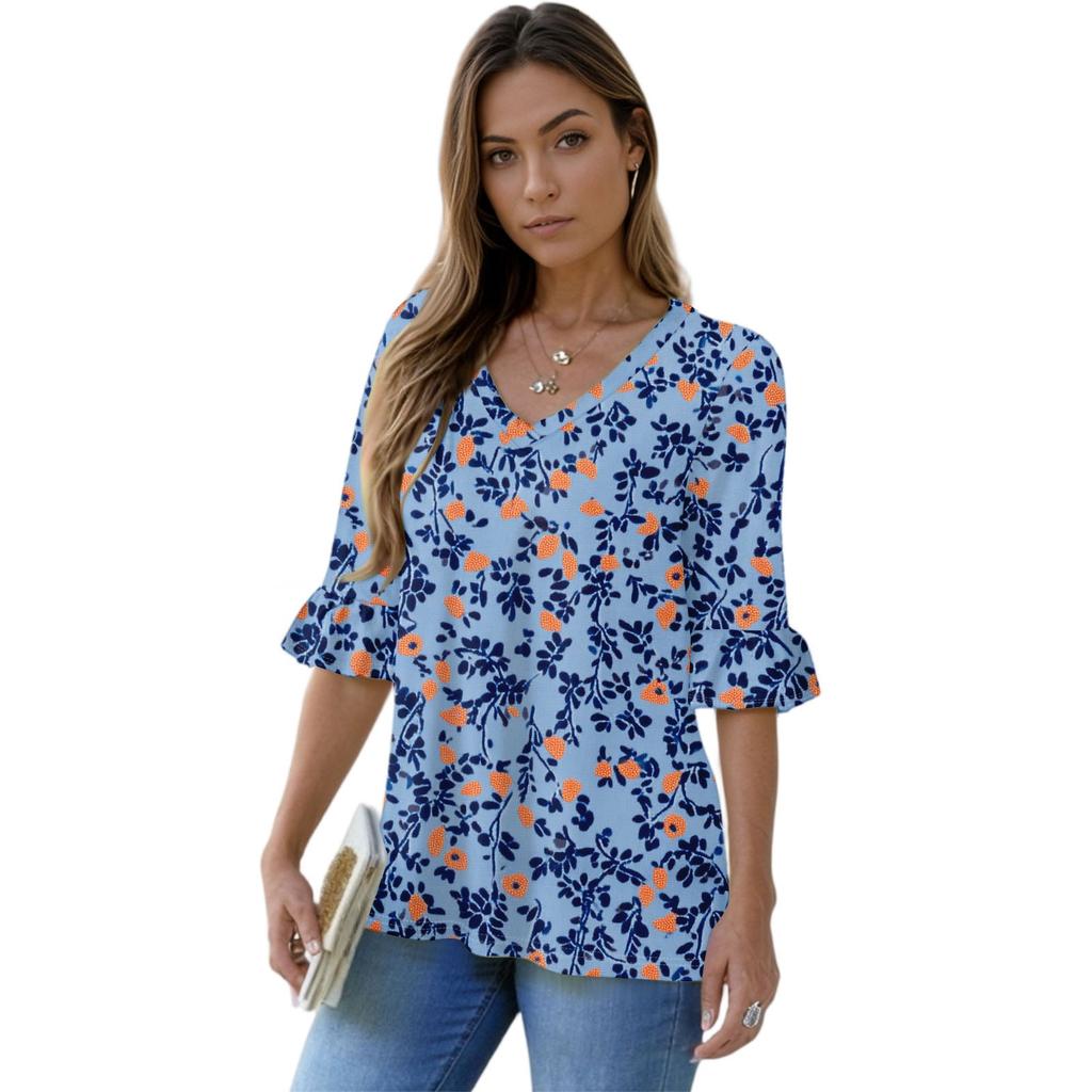 Women's Casual 3/4 Sleeve Tops V-Neck Sleeve T-Shirt Floral Print Tops