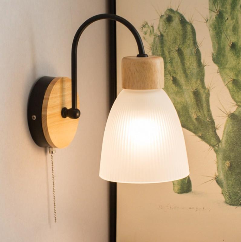 Simple and Modern LED Wood Glass Wall Lamp Bedroom Bedside Cable Switch Wall Lamp Corridor Balcony Entrance LED Light Luster
