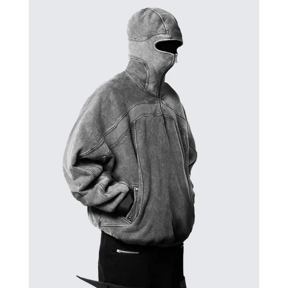 RogueWave Classic Balaclava Hoodie Men Washed Gray Ninja Pullover Sweatshirt Hip Hop Splicing Y2k Vintage Winter Streetwear Couple Tops