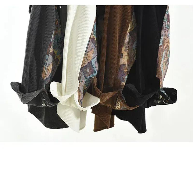Japanese Retro Style Long Sleeve Shirts for Men Autumn and Winter Corduroy Loose Shirt Casual Pure Cotton Double Pockets Printed Shirts