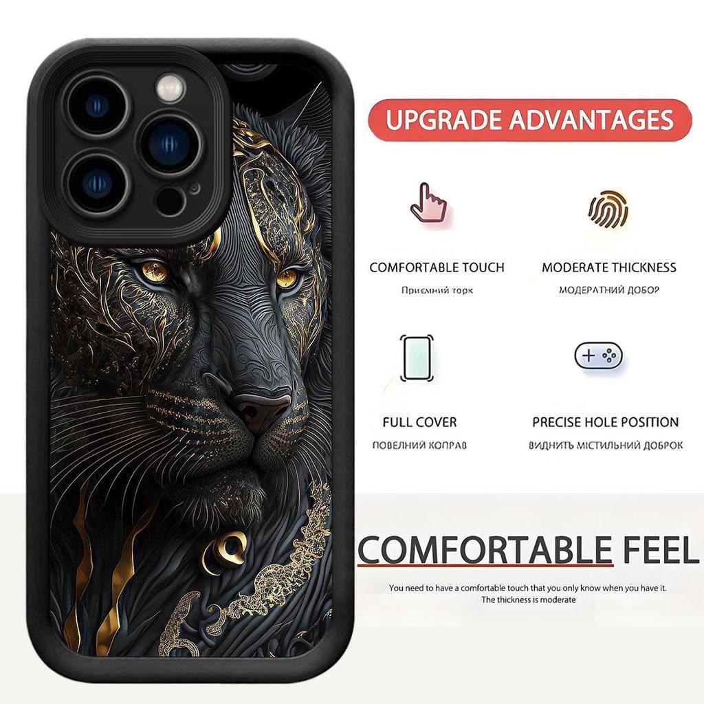 Gradient Lion Leopard Grooved Phone Case for iPhone 14/15/16/17 Pro Max - Black Style Protection