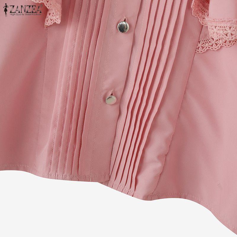 ZANZEA Women Casual Turn Down Collar Loose Ruffles Long Sleeve Blouse