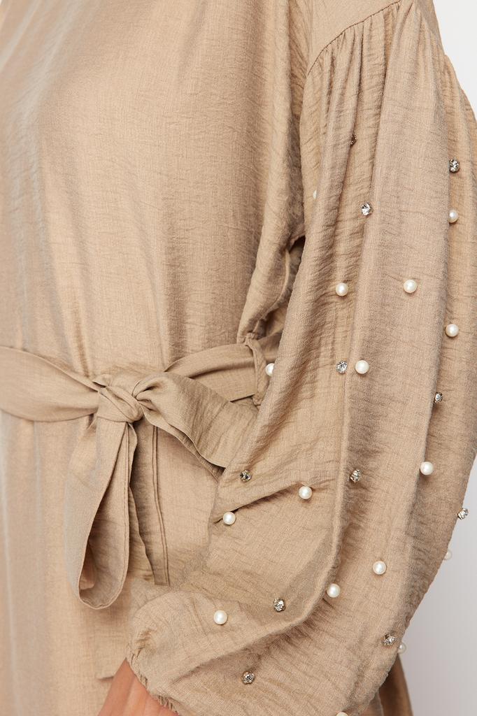 Women's Fashion New Hijab Dress Black Belted Pearl and Stone Detailed Woven Dress