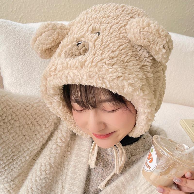 Female Hat Sweet Skiing  Warm Keeping  Cycling Windproof Lace Up Cute Lamb Hair