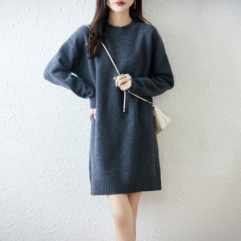 Women Sweater Dress 100% Wool MODERN NEW SAGA O-neck Knit Long Pullover Winter Jumpers Wool Long Dress Female