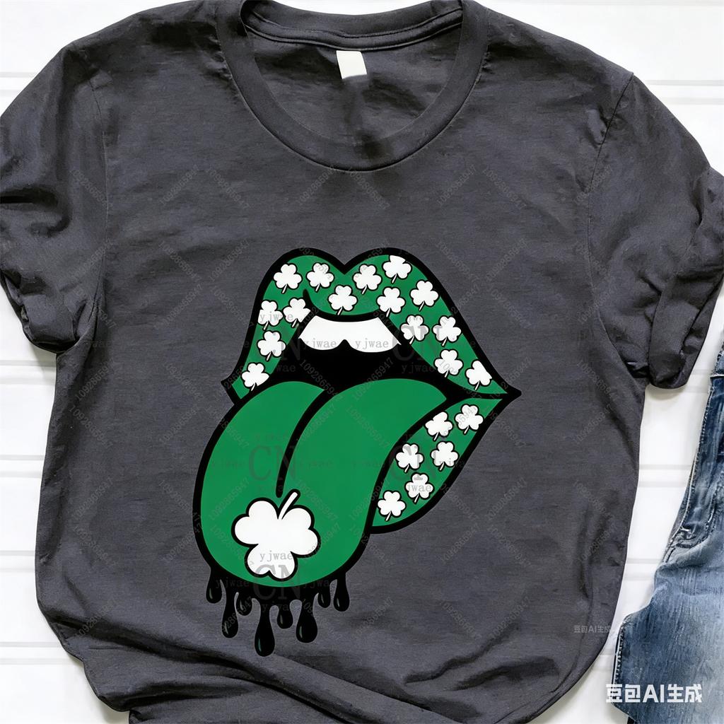 Lucky Lips St Patrick's Day T-shirt Family Matching Tee Irish Shamrock Tee High Quality Polyester Top Summer Men's Women's T-shirt