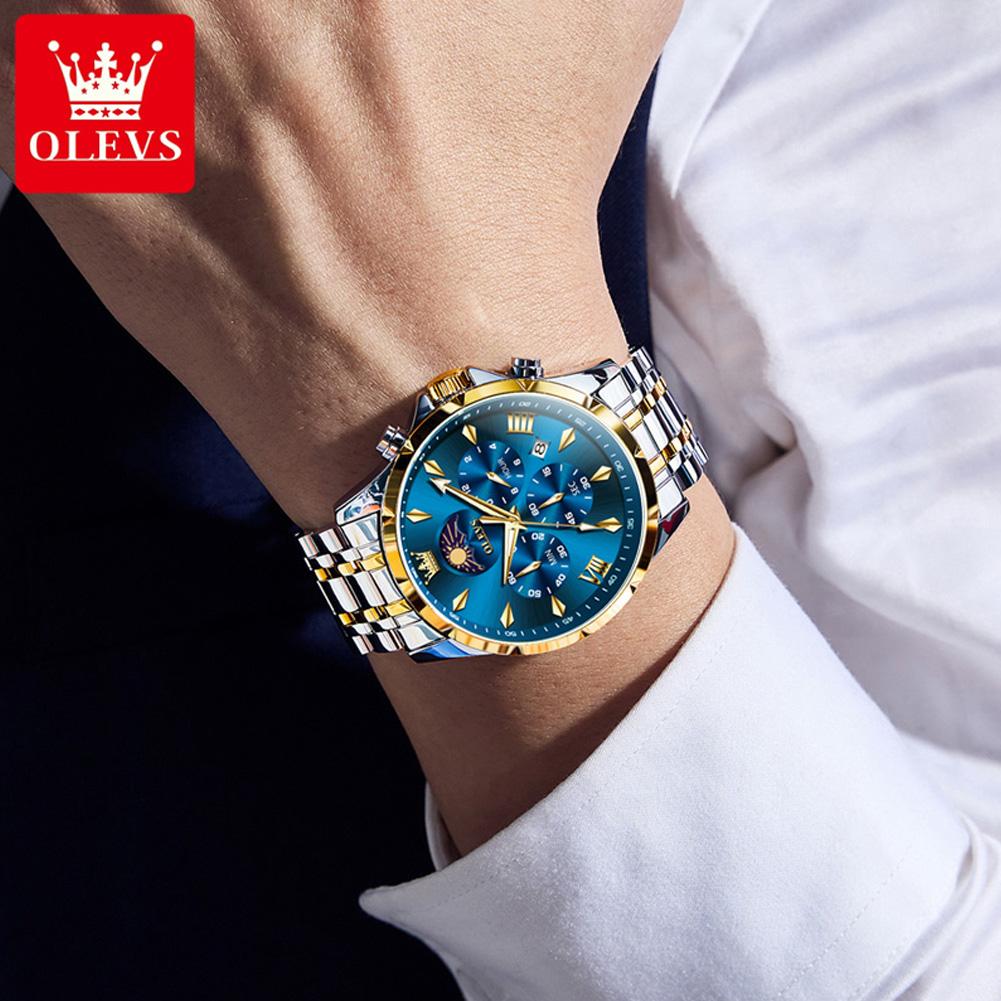 OLEVS Original Chronograph Quartz Watch For Men Moon Phase Stainless Steel Waterproof Man Watch Date Fashion Wrist Watch