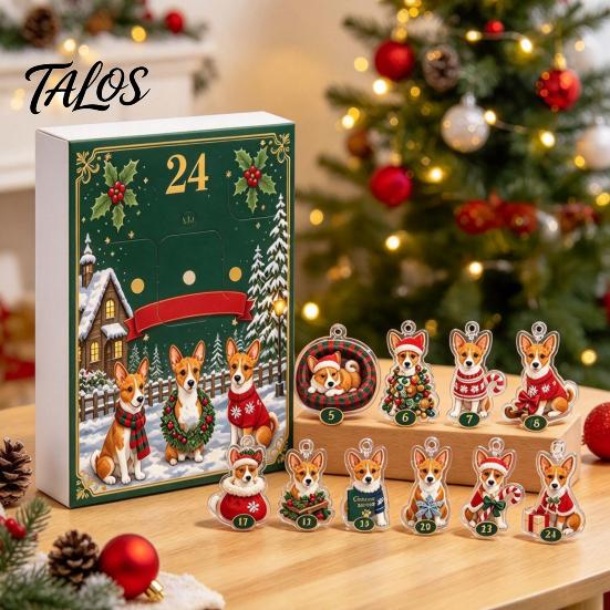Charming Holiday Crafts Christmas Corgi Advent Calendar with 24 2D Flat Acrylic Dog Ornaments, Countdown Box Decorative Gift Cute Puppy Hanging