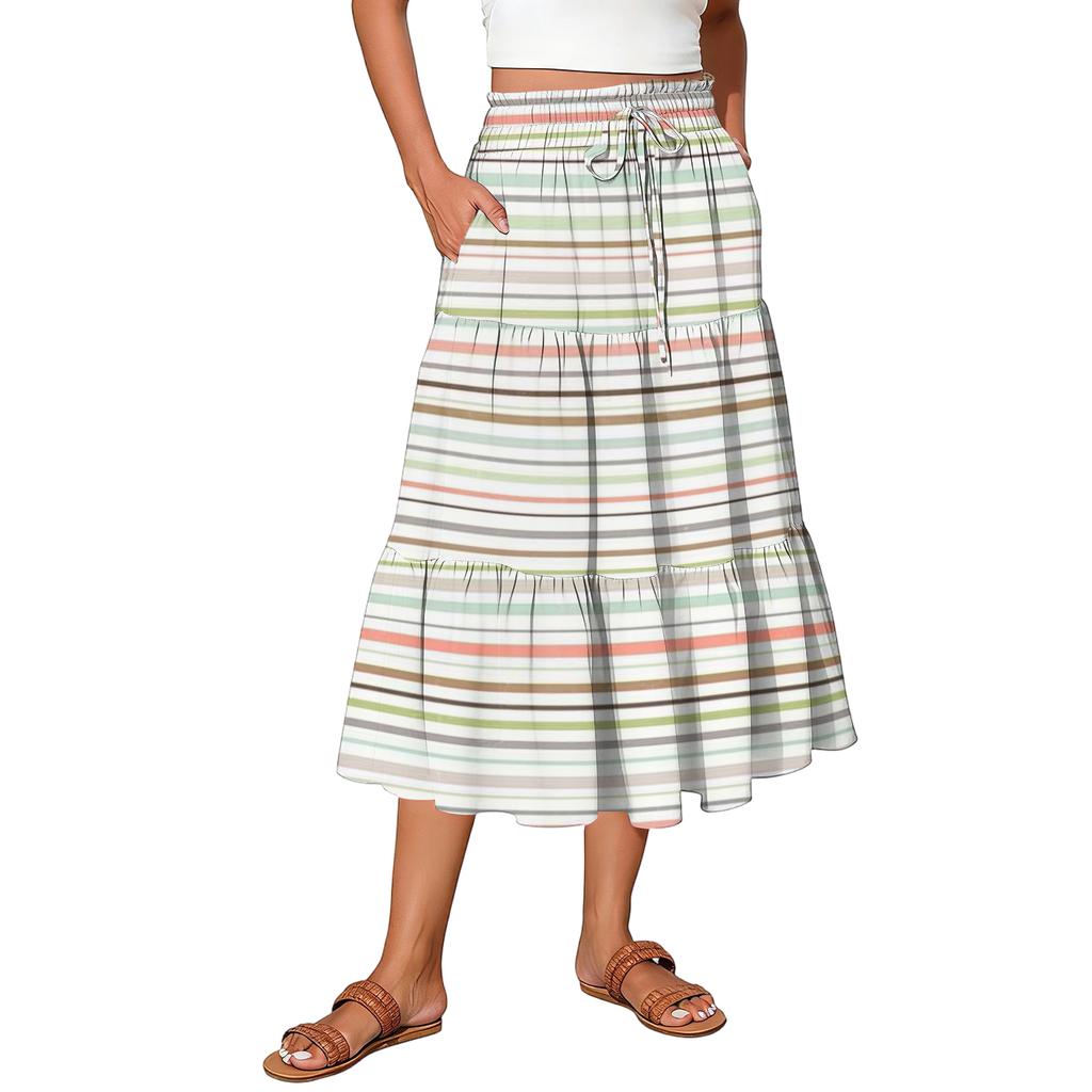 Ladies' Striped Printed Casual Elastic Waist Drawstring Skirt