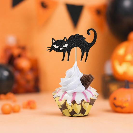 Cat Silhouette Cake Topper 8 Pcs Cupcake Topper, Halloween Black Cute Kitten Party Decor Food Pick for Baby Shower Birthday Wedding Decoration Dessert