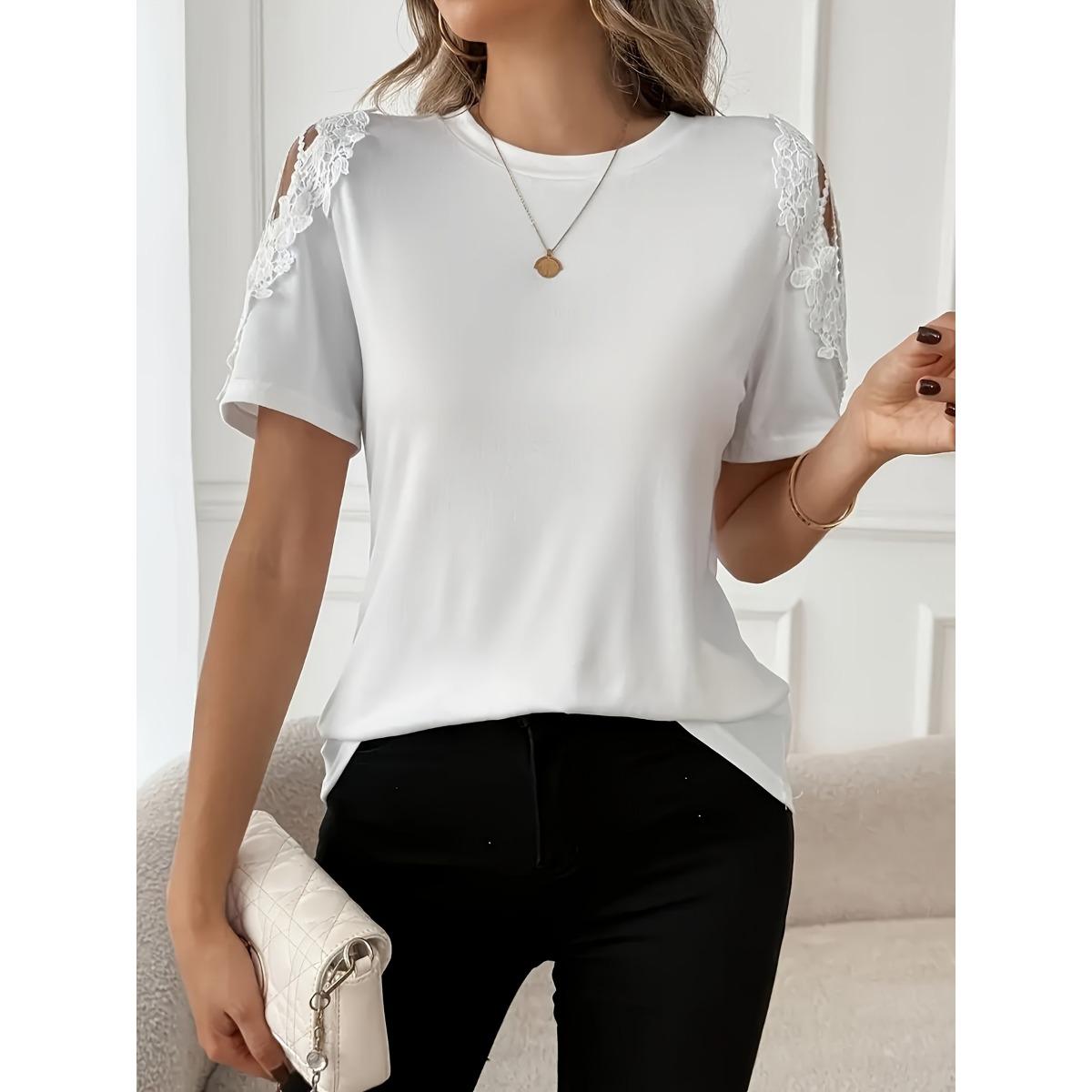 

Summer Women s Cropped Round Neck T-shirt Lace Patchwork Short Sleeve Top Trending European American Crossborder New Arrival S белый