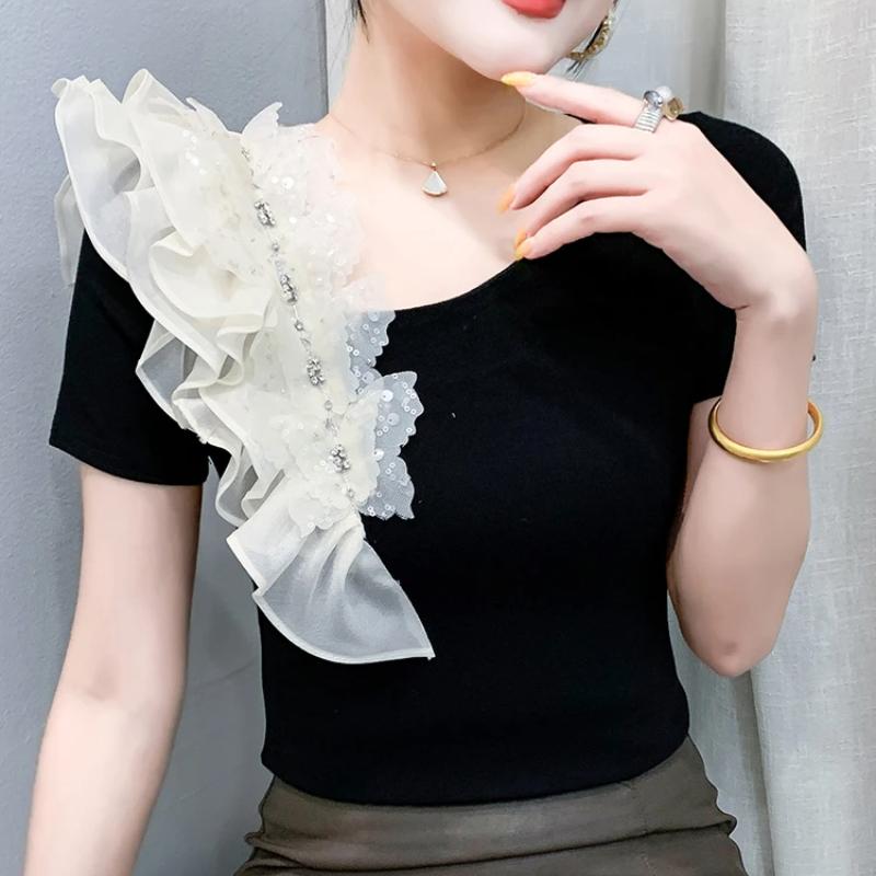 

Новый Летний Европейский Бренд Одежды Женская Футболка Сексуальные Топы с Блестками и Рюшами Женская Блестящая Футболка с Бриллиантами 3XL белый