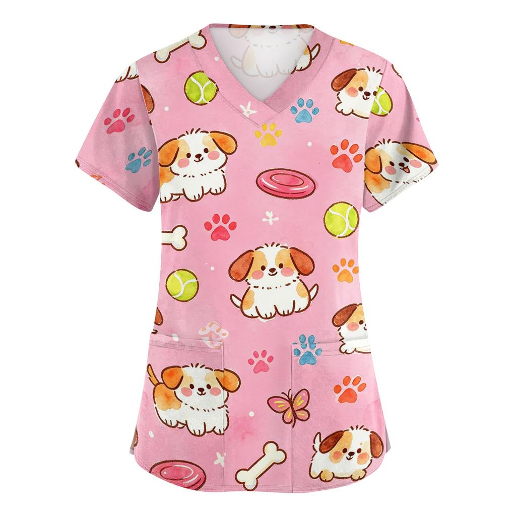 Women's V Neck Short Sleeve Work Top with Pockets Animal Print Medical Scrub Shirt for Caregivers Nurse Uniform