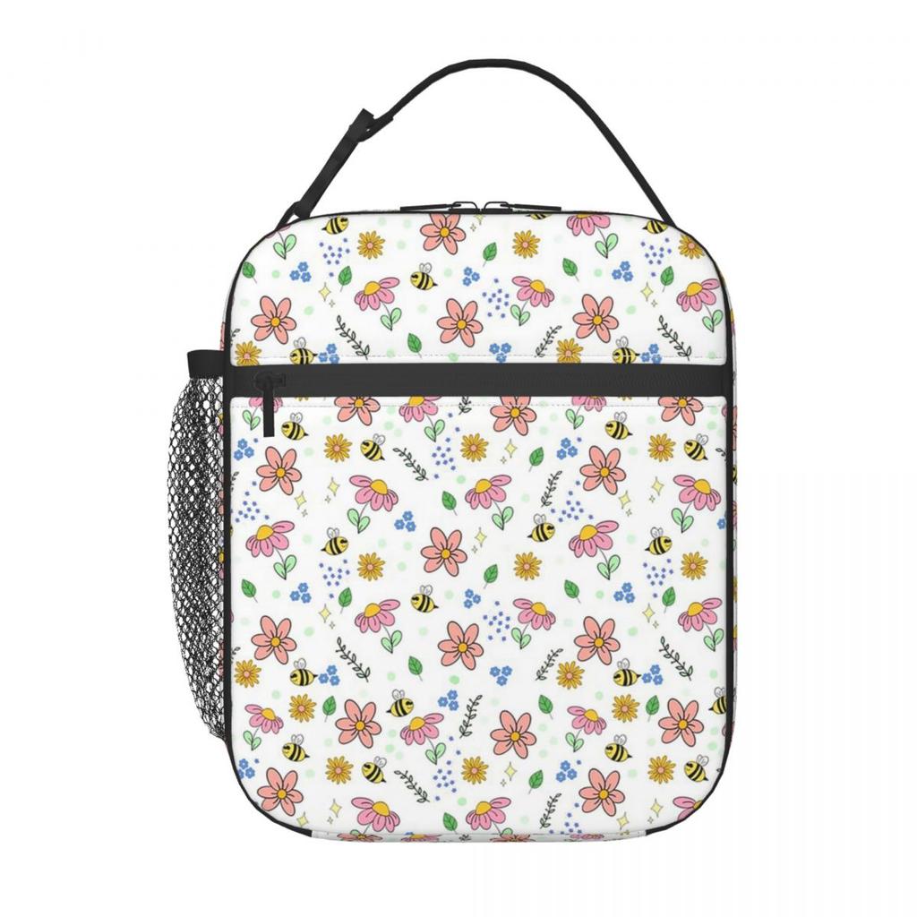 Flowers And Bee Pattern Insulated Lunch Bag for Women Children Leakproof Food Boxes Thermal Lunch Box Tote