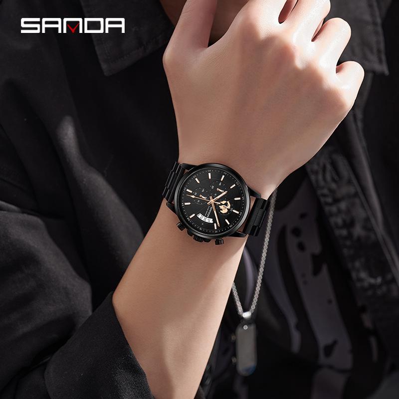 Sanda Men's Waterproof Quartz Watch with Steel Band and Calendar - Korean Edition