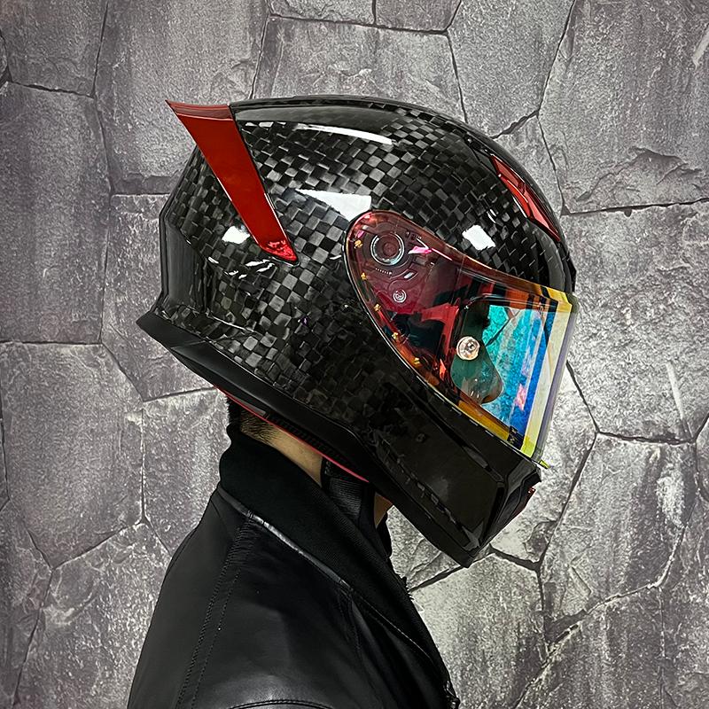 Motorcycle Helmet: Made of Carbon Fiber, Large Tail with Night Vision Lens, Full Coverage Motorcycle Helmet