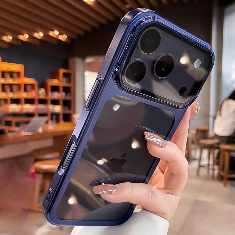 Clear Glass Full Lens Camera Holder Folding Stand Phone Case For 17 16 15 14 13 Pro Max Plating Frame Transparent Cover