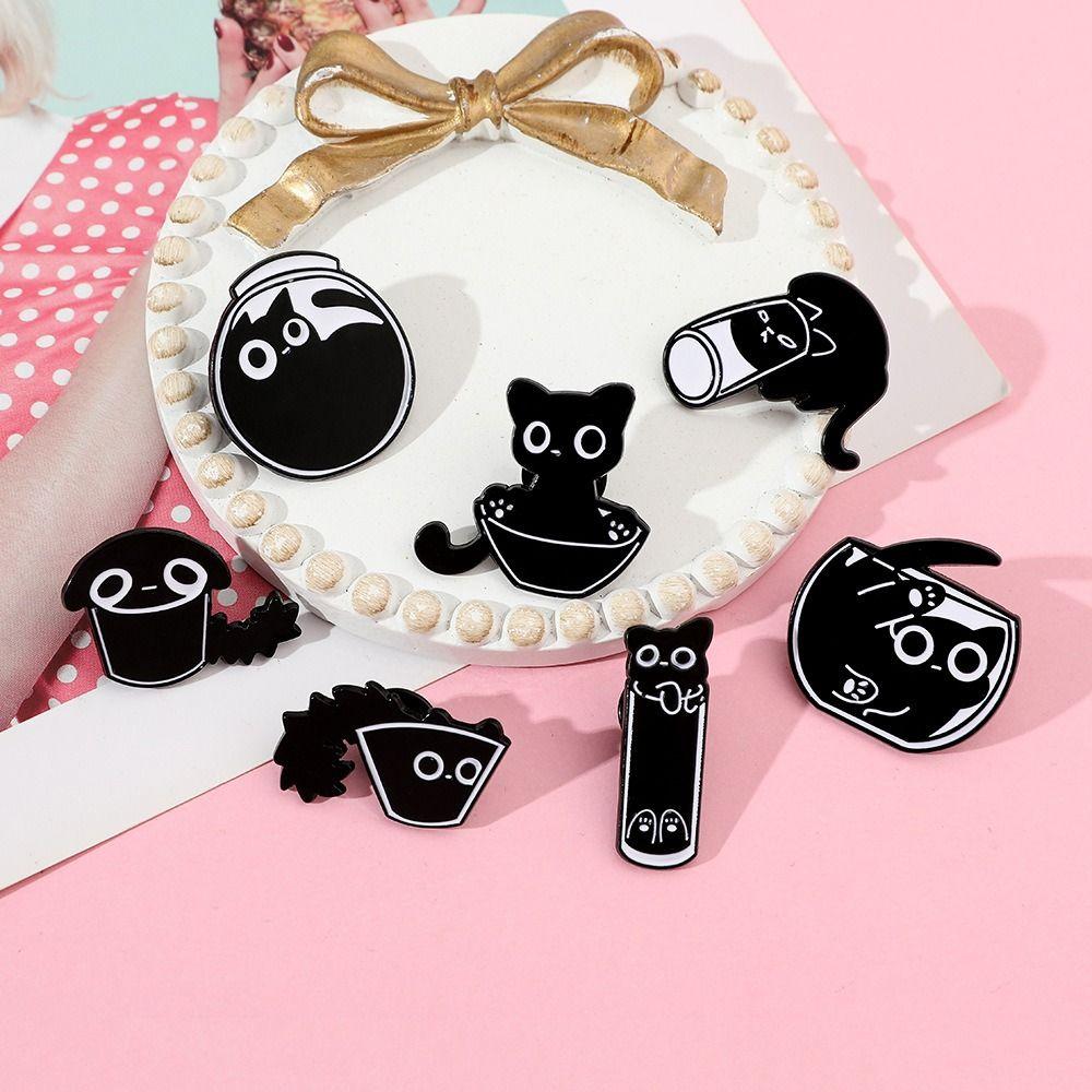 Fish Tank Black Kitten Brooches Cup Cat Metal Badge Animal Jewelry Gift Black Cat Enamel Pin  Coat