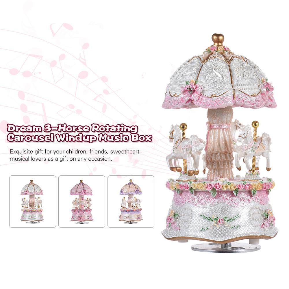 Luxury Dream 3-Horse Rotating Carousel Merry-go-round Windup Music Carousel with Colorful Color Change LED Luminous Light