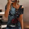 Women Butterfly Print Cold Shoulder Short Sleeve T Shirt Irregular Cutout Neck Casual Summer Blouse Top
