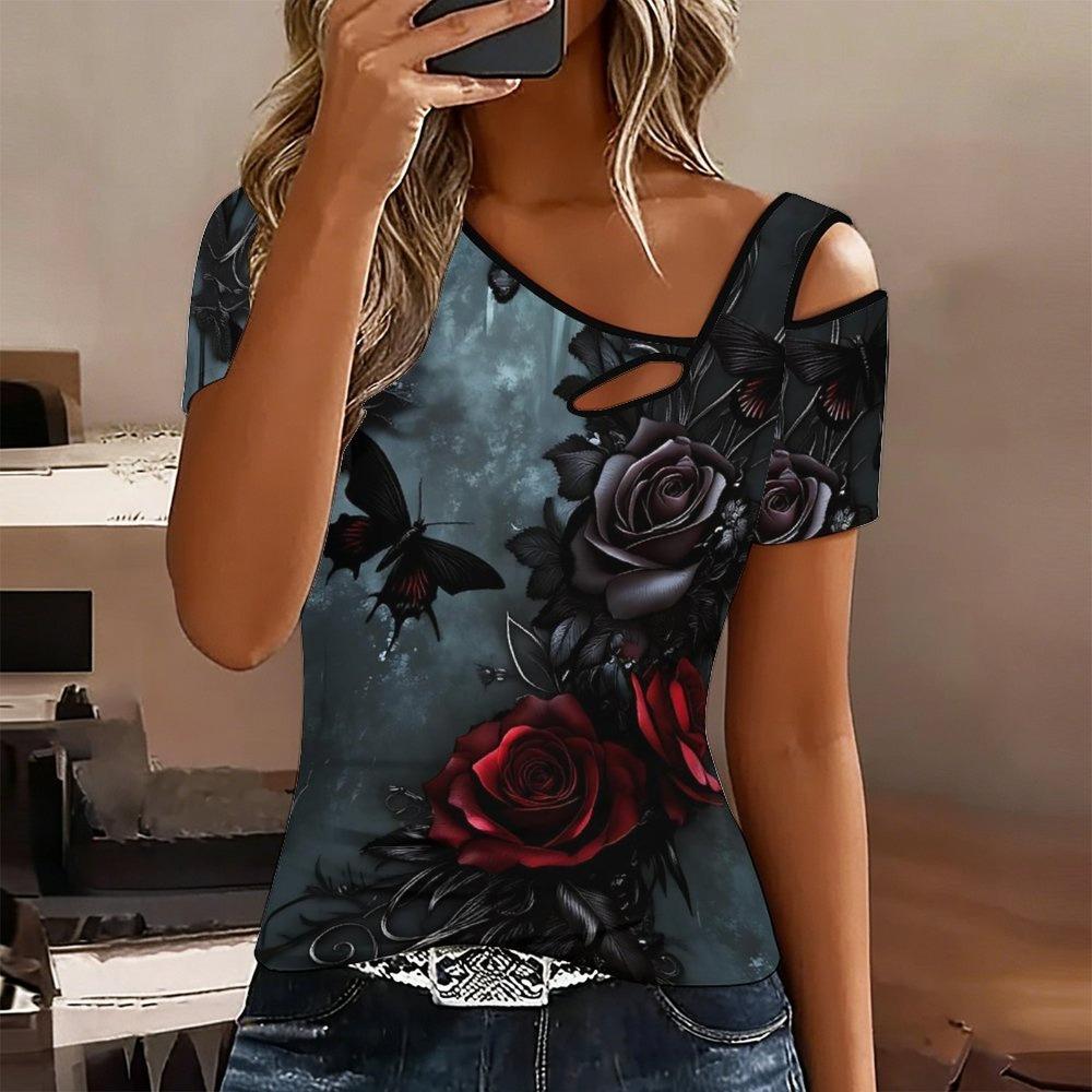 Women Butterfly Print Cold Shoulder Short Sleeve T Shirt Irregular Cutout Neck Casual Summer Blouse Top