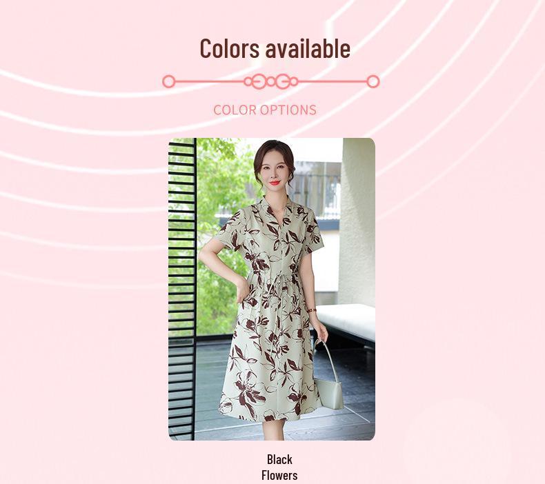 Mom's 2026 Stylish V-Neck Chiffon Dress for Middle-Aged & Elderly Women - Short-Sleeve Summer Skirt with Pockets