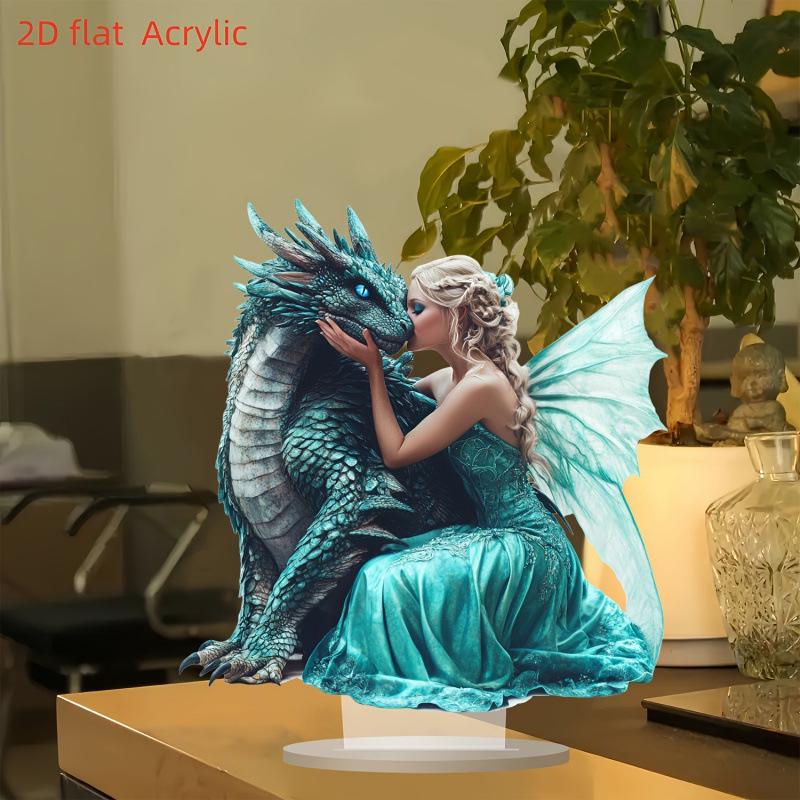 Acrylic Sign Plate with Little Green Dragon & Fairy - Inspirational Desktop Ornament, Home Decoration, Perfect Gift