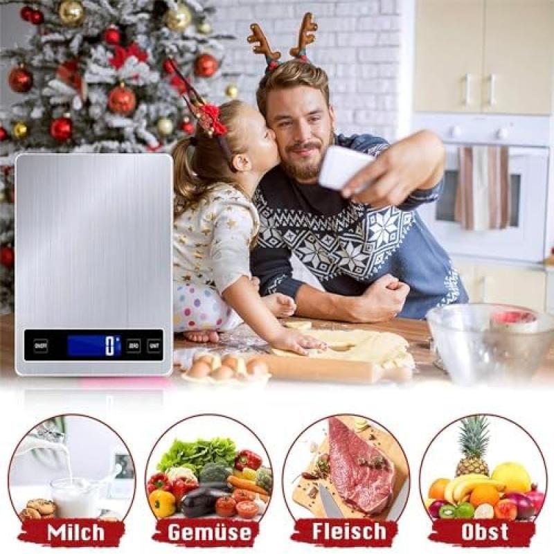 Digital köksvåg 15 kg kapacitet med 1 g precision, multi-enhetsomvandling (g/kg/lb:oz/ml/fl oz), TYPEC Laddningsbar, Hushållsbakning Matvåg