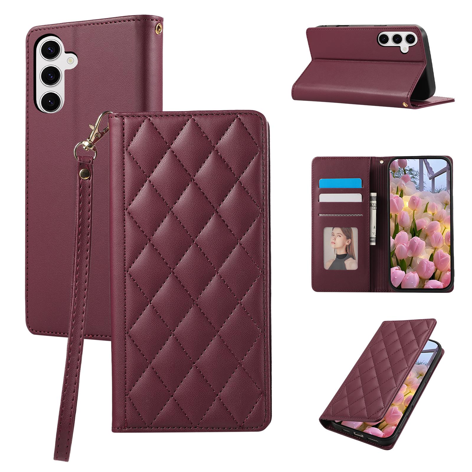 

For Samsung Galaxy S25+/S24+ Case RFID Blocking Wallet Stand Rhombus Leather Phone Cover with Wrist Strap Red