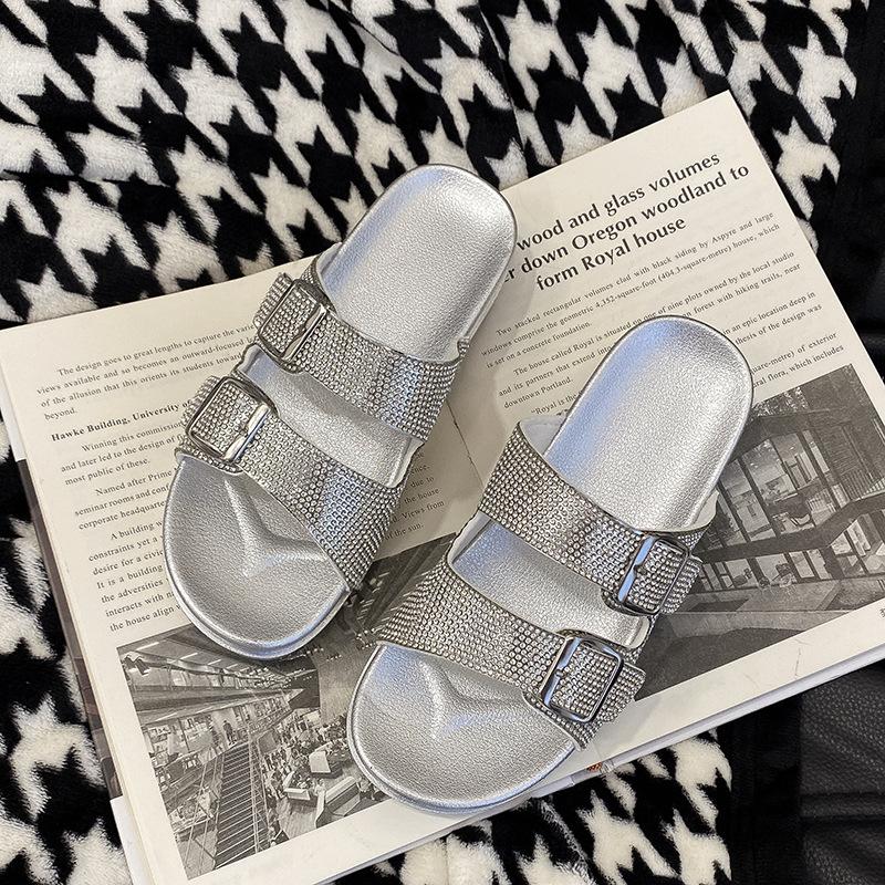 Thickbottomed Rhinestone Oneword Slippers Women's Summer New Retro Outer Wear Fashionable Versatile Softbottomed Beach Sandals